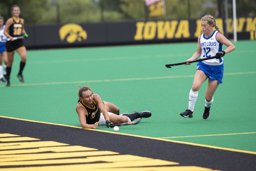 Iowa defender Harper Dune attempts to keep the ball in play during a field hockey game between Iowa and St. Louis at Grant Field in Iowa City on Sunday, Sept.4, 2022. The Hawkeyes defeated the Billikens, 6-0. Dune played for 38 minutes.