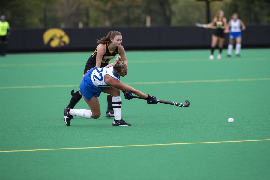 St. Louis back Cameron Tucker hits the ball during a field hockey game between Iowa and St. Louis at Grant Field in Iowa City on Sunday, Sept.4, 2022. The Hawkeyes defeated the Billikens, 6-0. Tucker attempted one short-handed goal.