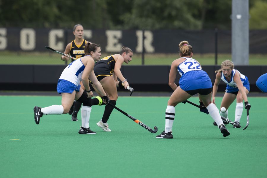 Iowa midfielder Esme Gibson shoots the ball during a field hockey game between Iowa and St. Louis at Grant Field in Iowa City on Sunday, Sept.4, 2022. The Hawkeyes defeated the Billikens, 6-0. Gibson recorded two assists.