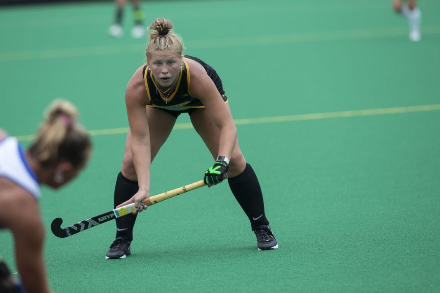 Iowa player Alex Wesneski waits for the ball after scoring a goal during a field hockey game between Iowa and St. Louis at Grant Field in Iowa City on Sunday, Sept. 4, 2022. The Hawkeyes defeated the Billikens, 6-0. Wesneski scored two goals and played 26 minutes.