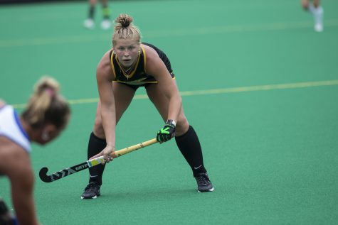 Iowa player Alex Wesneski waits for the ball after scoring a goal during a field hockey game between Iowa and Saint Louis at Grant Field in Iowa City on Sunday, Sept.4, 2022. The Hawkeyes defeated the Billikens, 6-0. Wesneski scored two goals and played 26 minutes.