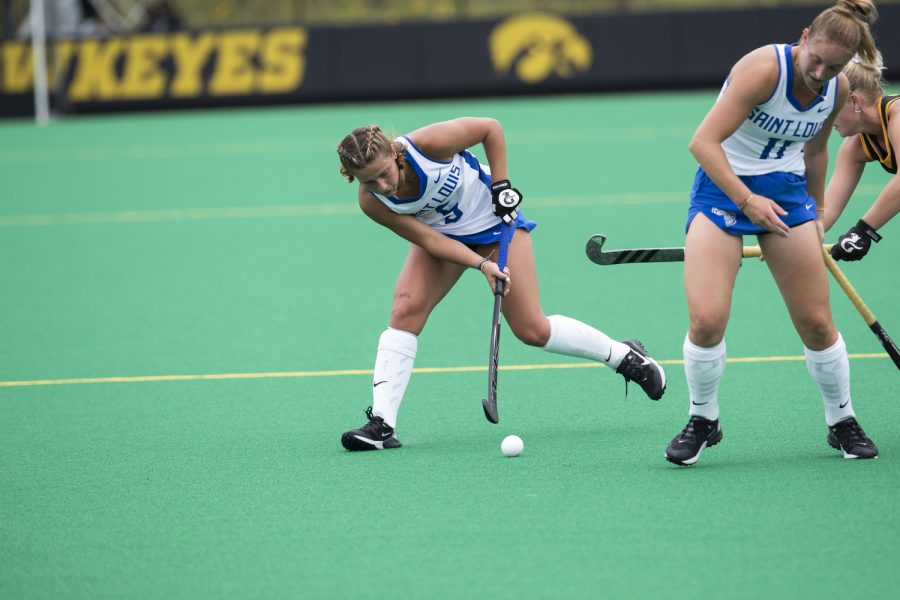 St.Louis defender Olivia French moves the ball during a field hockey game between Iowa and St. Louis at Grant Field in Iowa City on Sunday, Sept.4, 2022. The Hawkeyes defeated the Billikens, 6-0. French played 38 minutes.