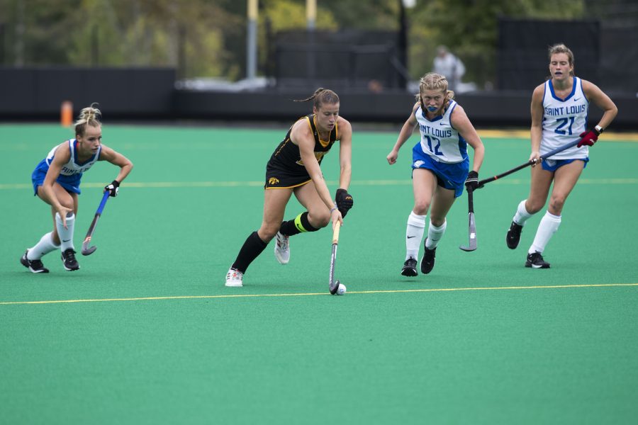 Iowa midfielder Esme Gibson shoots the ball during a field hockey game between Iowa and St. Louis at Grant Field in Iowa City on Sunday, Sept.4, 2022. The Hawkeyes defeated the Billikens, 6-0. Gibson recorded two assists.