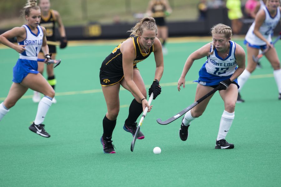 Iowa midfielder Lieve Schalk moves the ball during a field hockey game between Iowa and St. Louis at Grant Field in Iowa City on Sunday, Sept.4, 2022. The Hawkeyes defeated the Billikens, 6-0. Schalk recorded two assists and played 43 minutes.