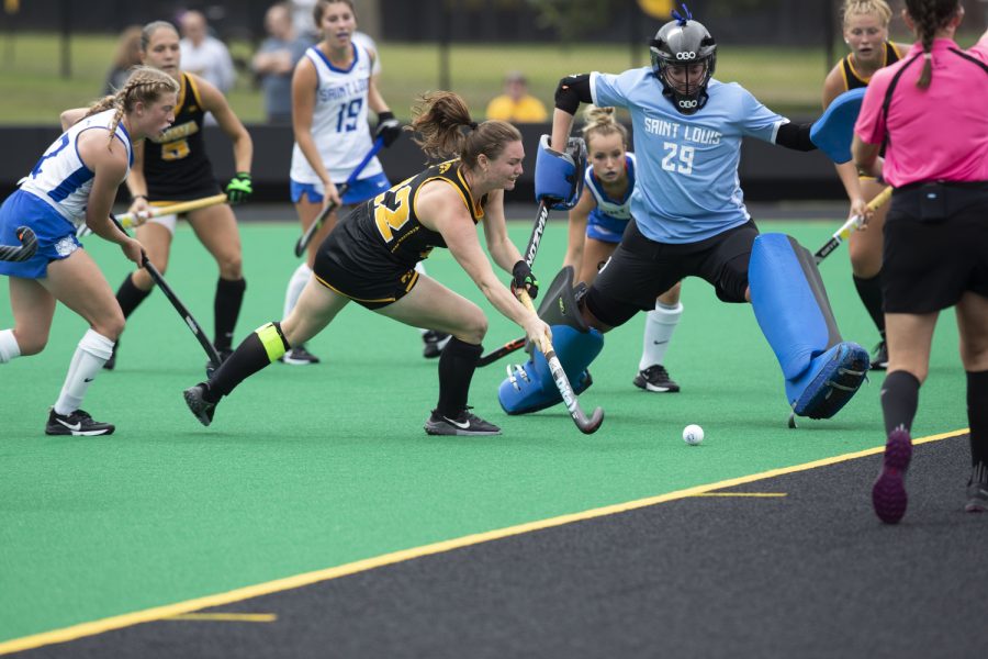 Iowa forward Ellie Flynn attempts a goal during a field hockey game between Iowa and St. Louis at Grant Field in Iowa City on Sunday, Sept.4, 2022. The Hawkeyes defeated the Billikens, 6-0. Flynn attempted two short-handed goals and played 14 minutes.