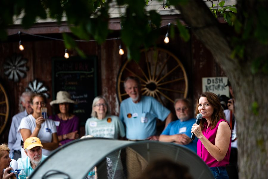 Iowa state representative Christina Bohannan speaks at a campaign event for democratic candidates Liz Mathis and Christina Bohannan at the Sutliff Farm & Cider House in Lisbon, Iowa. Mathis is pursuing a seat in Iowas 2nd Congressional District in the U.S. House while Bohannan is pursuing a seat in Iowas 1st Congressional District in the U.S. House. Bohannan and Mathis spoke about polarization in politics, education, abortion rights, and healthcare at the event. Are we going to continue to elect people in Iowa who would rather tell lies and start cultural wars to divide us and distract us from the fact that they are doing nothing to make ordinary lives better? Bohannan said. Or are we going to elect the people that have been talking here today, people who will tell the truth, people who will put people ahead of party politics, people who will defend our democracy at any cost?