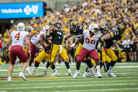 Iowa quarterback Spencer Petras loses possession of the ball during a football game between Iowa and Iowa State at Kinnick Stadium in Iowa City on Saturday, Sept. 10, 2022. The Cyclones ended a six-game Cy-Hawk series losing streak and defeated the Hawkeyes, 10-7. Iowa had three turnovers.