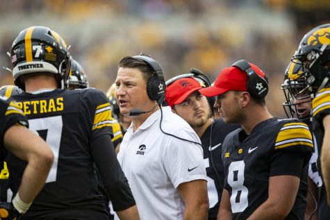 Iowa offensive coordinator Brian Ferentz speaks with quarterback Spencer Petras during the Cy-Hawk football game between Iowa and Iowa State at Kinnick Stadium on Saturday, Sept. 10, 2022. The Cyclones ended a six-game Cy-Hawk series losing streak defeating Iowa, 10-7. Iowa’s offense had 11 first downs.