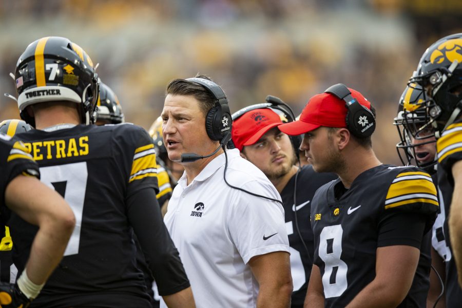 Iowa+offensive+coordinator+Brian+Ferentz+speaks+with+quarterback+Spencer+Petras+during+the+Cy-Hawk+football+game+between+Iowa+and+Iowa+State+at+Kinnick+Stadium+on+Saturday%2C+Sept.+10%2C+2022.+The+Cyclones+ended+a+six-game+Cy-Hawk+series+losing+streak+defeating+Iowa%2C+10-7.+Iowa%E2%80%99s+offense+had+11+first+downs.