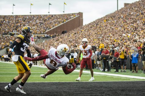 Iowa State wide receiver Xavier Hutchinson attempts to catch a pass during a football game between Iowa and Iowa State at Kinnick Stadium in Iowa City on Saturday, Sept. 10, 2022. The Cyclones ended a six-game Cy-Hawk series losing streak and defeated the Hawkeyes, 10-7. Hutchinson averages 8.9 yards per reception.