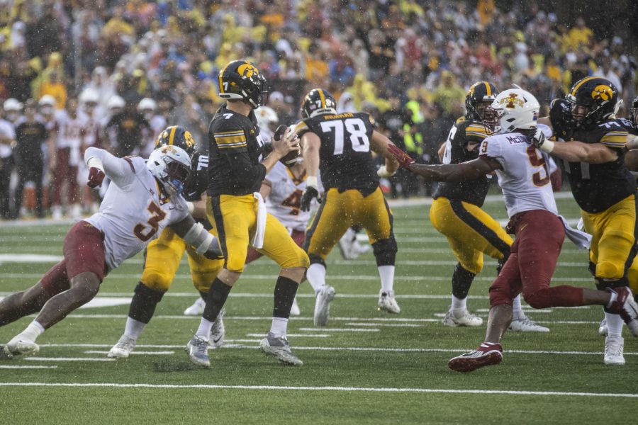 Iowa quarterback Spencer Petras looks to pass during the Cy-Hawk football game between Iowa and Iowa State at Kinnick Stadium on Saturday, Sept. 10, 2022. The Cyclones ended a six-game Cy-Hawk series losing streak defeating Iowa, 10-7. Petras threw for 92 yards and had a quarterback rating of 14.1.