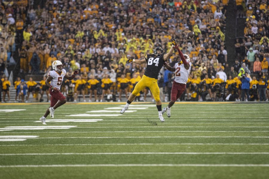 Iowa tight end Sam LaPorta attempts to catch a pass during the Cy-Hawk football game between Iowa and Iowa State at Kinnick Stadium on Saturday, Sept. 10, 2022. The Cyclones ended a six-game Cy-Hawk series losing streak defeating Iowa, 10-7. Laporta had 55 receiving yards.