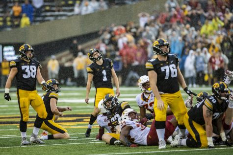 Iowa kicker Aaron Blom attempts a field goal during a football game between Iowa and Iowa State at Kinnick Stadium in Iowa City on Saturday, Sept. 10, 2022. The Cyclones ended a six-game Cy-Hawk series losing streak and defeated the Hawkeyes, 10-7. Blom failed field goal attempt was 48 yards.