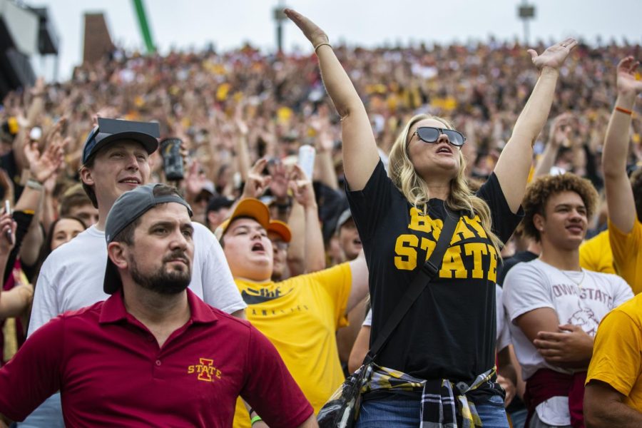 An Iowa fan cheers during the Cy-Hawk football game between Iowa and Iowa State at Kinnick Stadium on Saturday, Sept. 10, 2022. The Cyclones ended a six-game Cy-Hawk series losing streak defeating Iowa, 10-7.