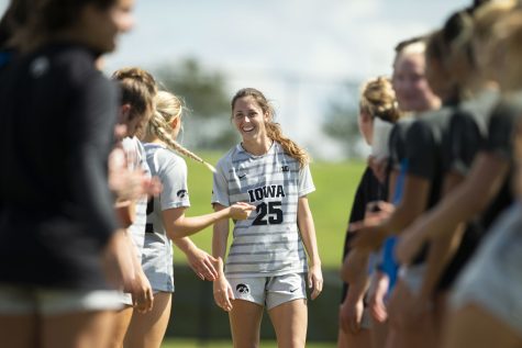Iowa midfielder Josie Durr interacts with teammates before a game between Iowa and Northern Iowa at the UNI soccer field in Cedar Falls on Sept. 11, 2022. The Hawkeyes defeated the Panthers, 6-0. Durr played for 54 minutes.
