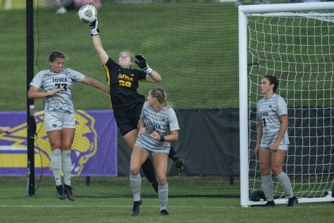 Iowa goalkeeper Monica Wilhelm saves the ball during a game between Iowa and Northern Iowa at the UNI soccer field in Cedar Falls on Sept. 11, 2022. The Hawkeyes defeated the Panthers, 6-0. Wilhelm recorded two saves and played for 73:39.
