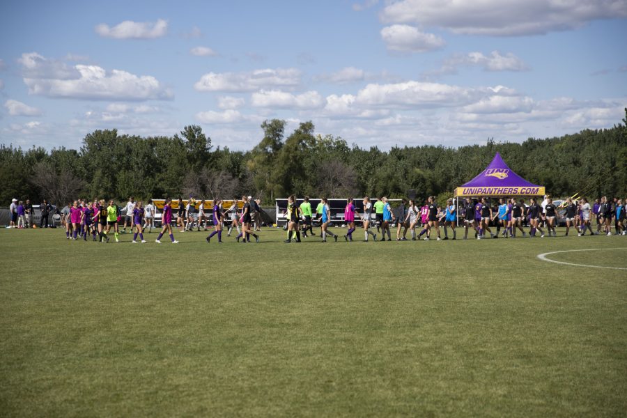 Iowa and Northern Iowa Women’s soccer team shakes hands after a game at the UNI soccer field in Cedar Falls on Sept. 11, 2022. The Hawkeyes defeated the Panthers, 6-0.