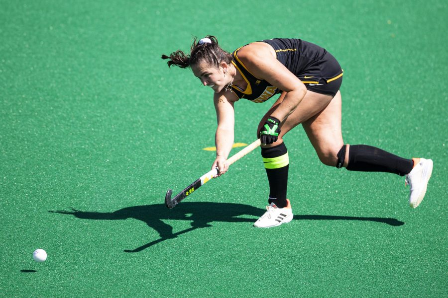 Iowa defender Anthe Nijziel passes the ball during a field hockey match between No. 6 Iowa and No. 22 Massachusetts at Grant Field in Iowa City on Sunday, Sept. 11, 2022. Nijziel recorded one goal in the game. The Hawkeyes defeated the Minutewomen, 2-0.