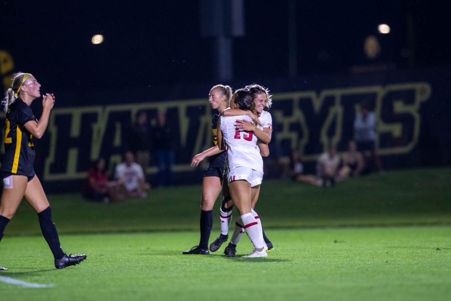Wisconsin midfielder Maia Richters celebrates after scoring for Wisconsin at a soccer game against Iowa and Wisconsin, Wisconsin beating Iowa, 4-1 at the University of Iowa Soccer Complex in Iowa City on Sept. 16, 2022.