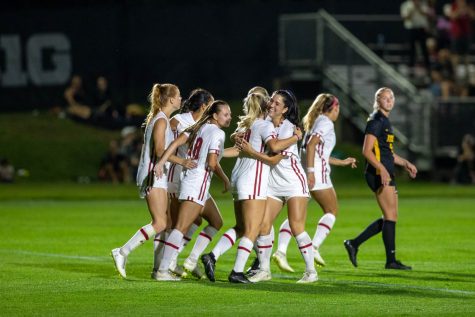 Wisconsin celebrate after a goal made by midfielder Natalie Viggiano assisted by midfielder Aryssa Mahrt during a soccer game between Iowa and Wisconsin at the University of Iowa Soccer Complex in Iowa City on Friday, Sept. 16, 2022. The Badgers defeated the Hawkeyes 4-1. 
