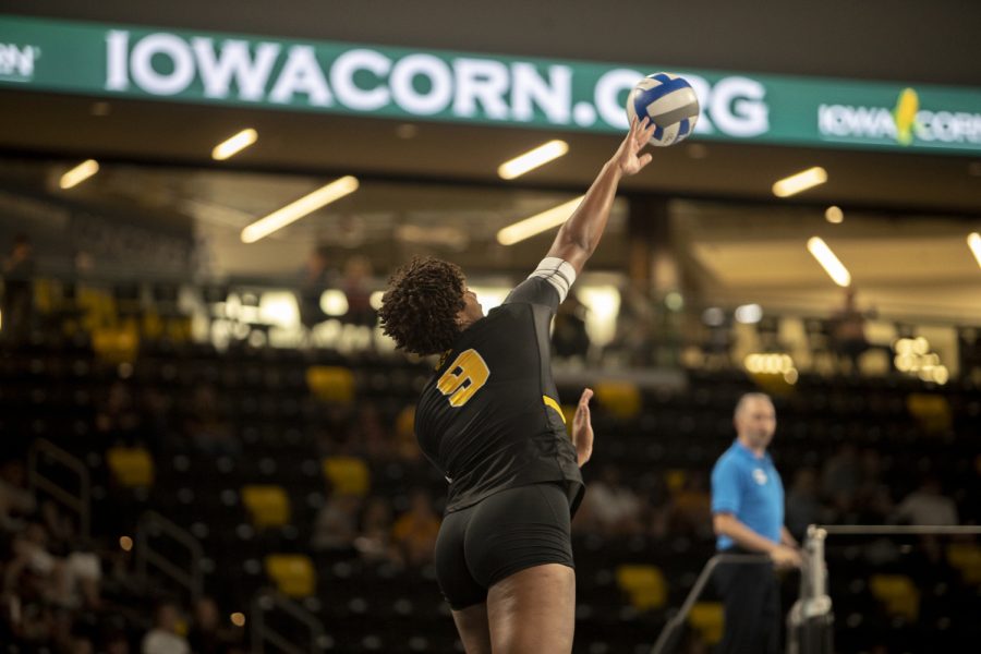 Iowa middle hitter Amiya Jones serves the ball during a volleyball match between Iowa and North Florida at Xtream Arena in Coralville on Friday, Sept. 16, 2022. Jones had 8 kills. The Hawkeyes defeated the Ospreys 3-0.