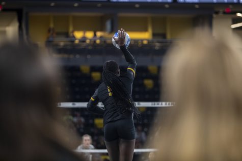 Iowa outside hitter Toyosi Onabanjo serves the ball during a volleyball match between Iowa and North Florida at Xtream Arena in Coralville on Friday, Sept. 16, 2022. Onabanjo had eight kills. The Hawkeyes defeated the Ospreys 3-0.