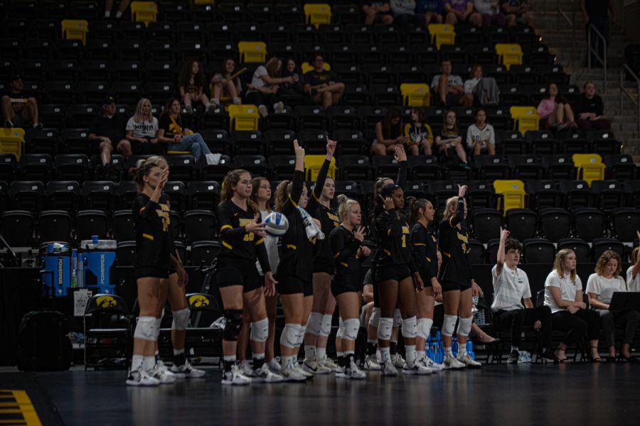 Iowa volleyball players celebrate during a volleyball match between Iowa and North Florida at Xtream Arena in Coralville on Friday, Sept. 16, 2022. McKnight had five kills. The Hawkeyes defeated the Ospreys 3-0.