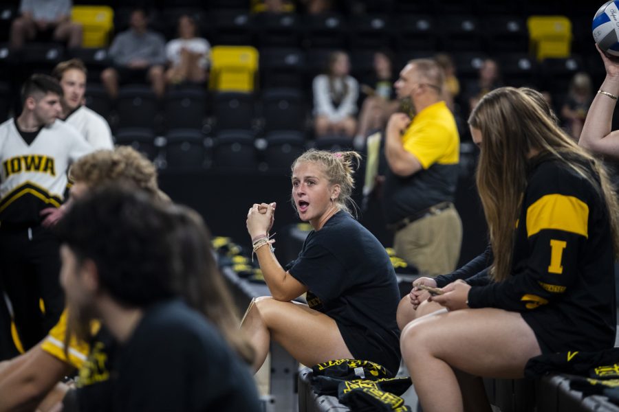 A fan reacts to action during a volleyball match between Iowa and North Florida at Xtream Arena in Coralville on Friday, Sept. 16, 2022. The Hawkeyes defeated the Ospreys 3-0.