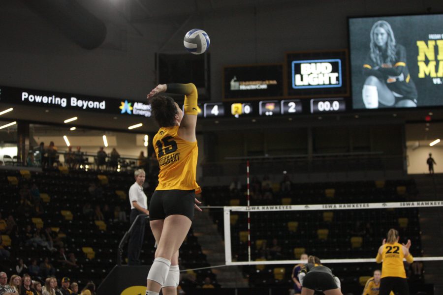 Iowa outside hitter Michelle Urquhart serves the ball during a volleyball match between Iowa and Northern Iowa at Xtream Arena in Coralville on Saturday, Sept. 17, 2022. The Hawkeyes defeated the Panthers 3-0.