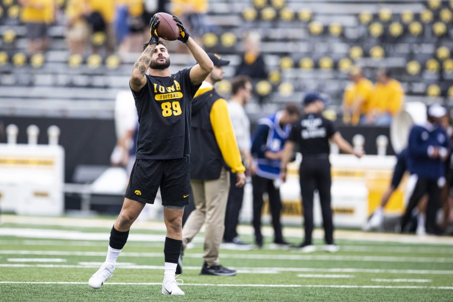 Iowa+wide+receiver+Nico+Ragaini+catches+a+ball+before+a+football+game+between+Iowa+and+Nevada+at+Kinnick+Stadium+in+Iowa+City+on+Saturday%2C+Sept.+17%2C+2022.+Ragaini+did+not+play+in+Iowa%E2%80%99s+first+to+matchups+this+season.+