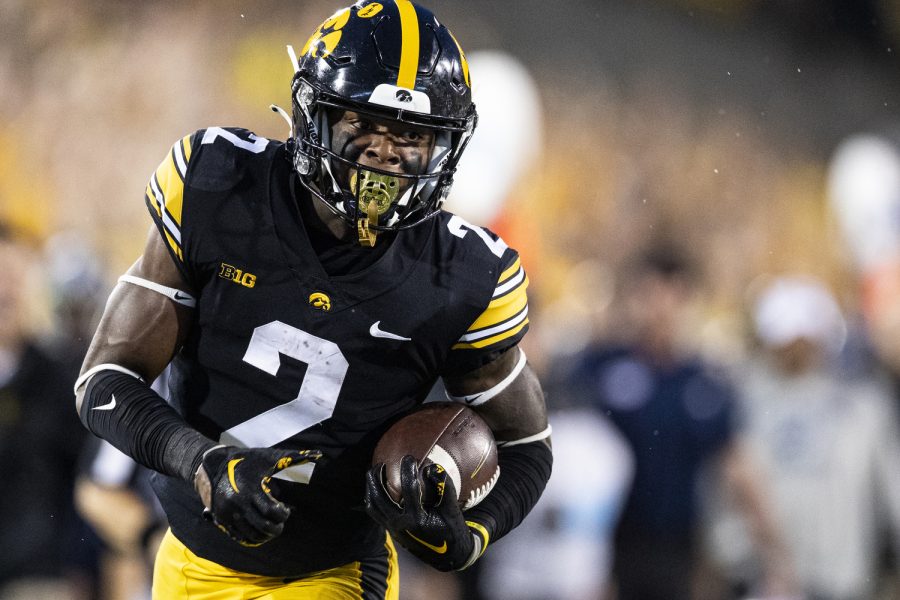 Iowa running back Kaleb Johnson runs the ball during a football game between Iowa and Nevada at Kinnick Stadium in Iowa City on Saturday, Sept. 17, 2022. Johnson scored a touchdown on the play.