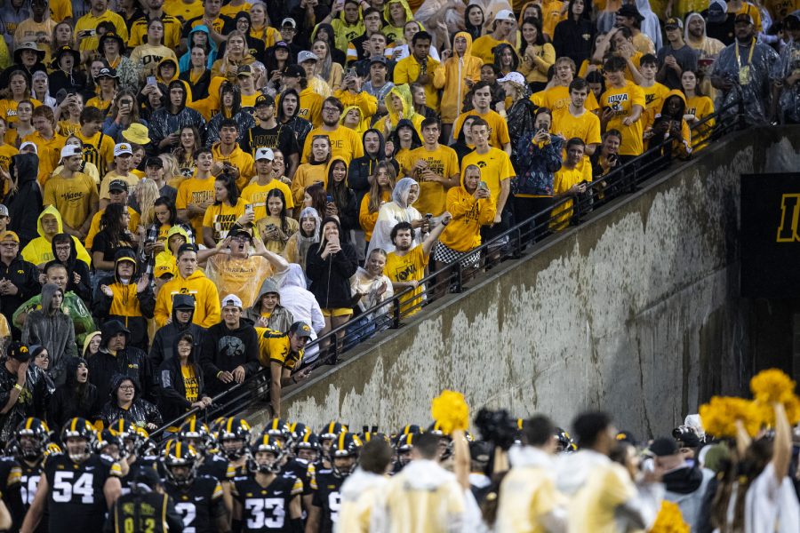 The Iowa student section cheers on the Hawkeyes before a football game between Iowa and Nevada at Kinnick Stadium in Iowa City on Saturday, Sept. 17, 2022. The Hawkeyes defeated the Wolf Pack, 27-0.