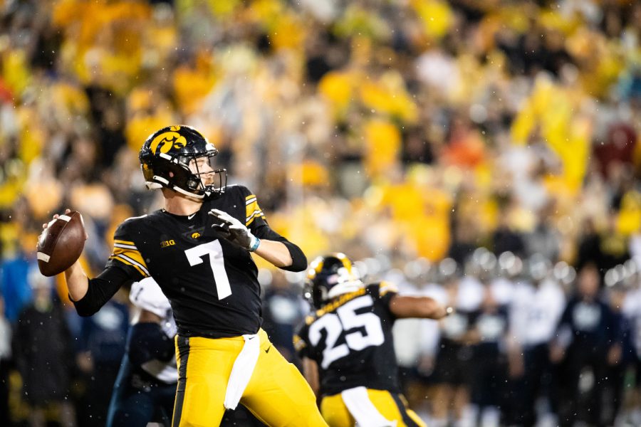 Iowa quarterback Spencer Petras throws the ball during a football game between Iowa and Nevada at Kinnick Stadium in Iowa City on Saturday, Sept. 17, 2022. Petras passed for 175 yards and a touchdown. The Hawkeyes defeated the Wolf Pack, 20-7.