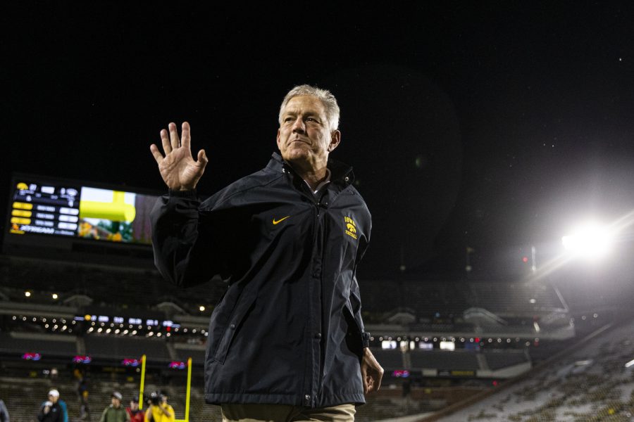 Iowa head coach Kirk Ferentz exits the field after a near seven hour football game between Iowa and Nevada at Kinnick Stadium in Iowa City on Saturday, Sept. 18, 2022. The Hawkeyes defeated the Wolfpack, 27-0.