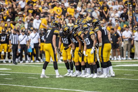 Iowa quarterback Spencer Petras communicates to the team during a football game between Iowa and South Dakota at Kinnick Stadium on Saturday, Sept. 3, 2022. The Hawkeyes defeated the Jackrabbits 7-3.