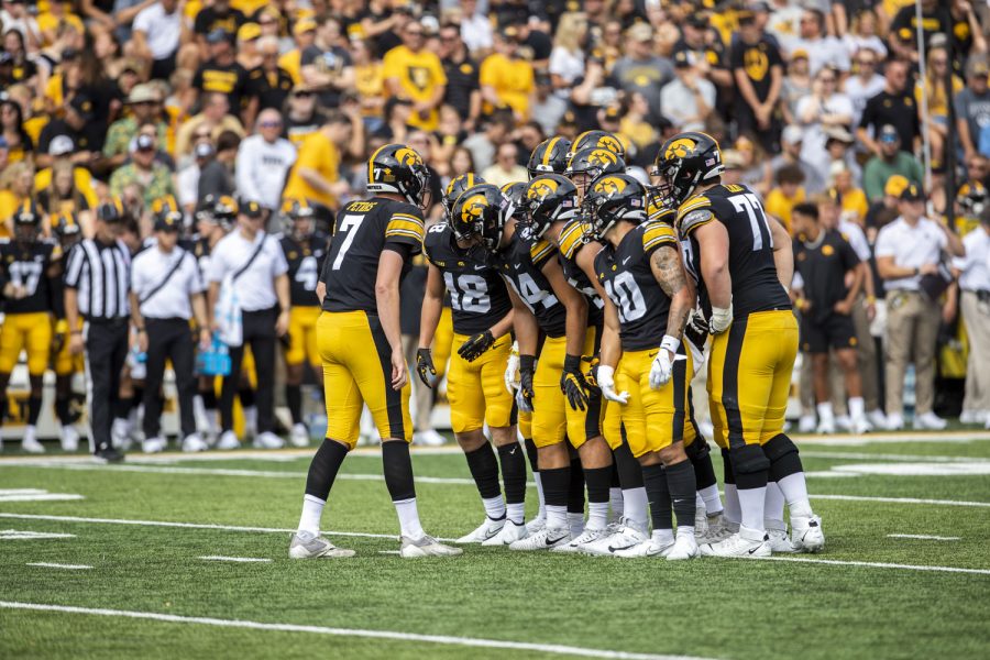 Iowa+quarterback+Spencer+Petras+communicates+to+the+team+during+a+football+game+between+Iowa+and+South+Dakota+at+Kinnick+Stadium+on+Saturday%2C+Sept.+3%2C+2022.+The+Hawkeyes+defeated+the+Jackrabbits+7-3.