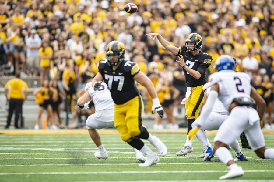 Iowa quarterback Spencer Petras throws the ball during a football game between Iowa and South Dakota at Kinnick Stadium on Saturday, Sept. 3, 2022. The Hawkeyes defeated the Jackrabbits, 7-3. Petras threw for 109 yards.