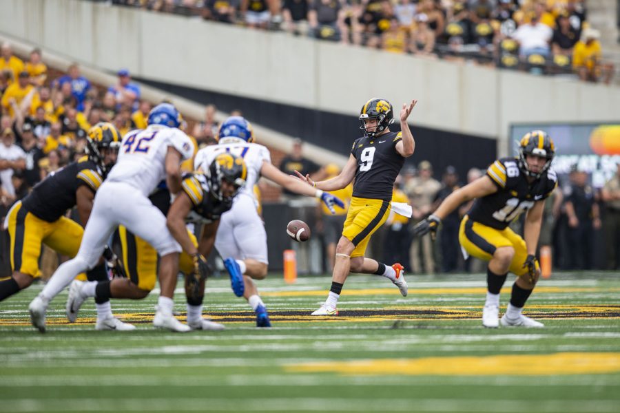 Iowa punter Tory Taylor puts the ball during a football game between Iowa and South Dakota at Kinnick Stadium on Saturday, Sept. 3, 2022. The Hawkeyes defeated the Jackrabbits, 7-3. Taylor punted for 479 yards.