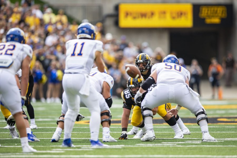 Iowa linebacker Jack Campbell watches the snap during a football game between Iowa and South Dakota State at Kinnick Stadium on Saturday, Sept. 3, 2022. The Hawkeyes defeated the Jackrabbits, 7-3. Campbell had four solo tackles.