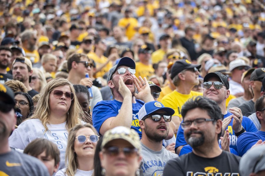 A South Dakota State fan cheers during a football game between Iowa and South Dakota at Kinnick Stadium on Saturday, Sept. 3, 2022. The Hawkeyes defeated the Jackrabbits 7-3.
