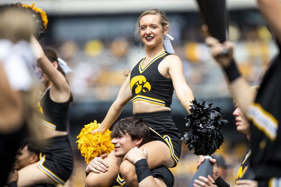 The spirit sqaud performs during a football game between Iowa and South Dakota at Kinnick Stadium on Saturday, Sept. 3, 2022. The Hawkeyes defeated the Jackrabbits 7-3.