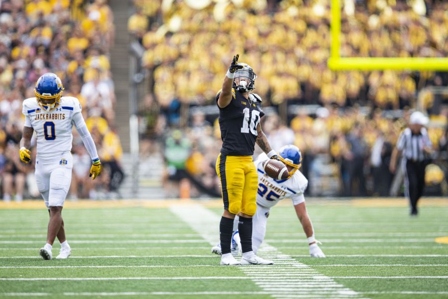 Iowa wide receiver Arland Bruce IV celebrates after a catch during a football game between Iowa and South Dakota State at Kinnick Stadium on Saturday, Sept. 3, 2022. The Hawkeyes defeated the Jackrabbits, 7-3. Bruce had 68 receiving yards.