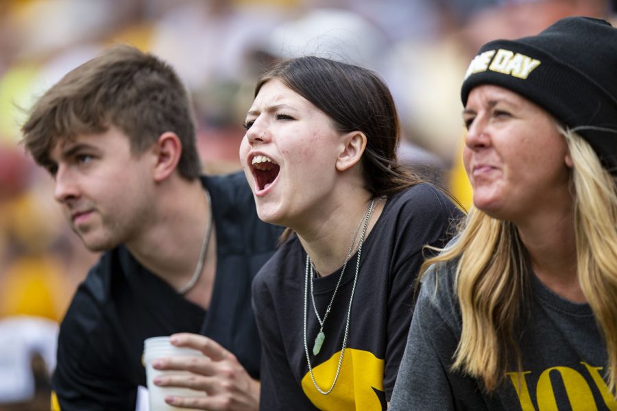 Iowa fans yell during a football game between Iowa and South Dakota State at Kinnick Stadium on Saturday, Sept. 3, 2022. The Hawkeyes defeated the Jackrabbits, 7-3.