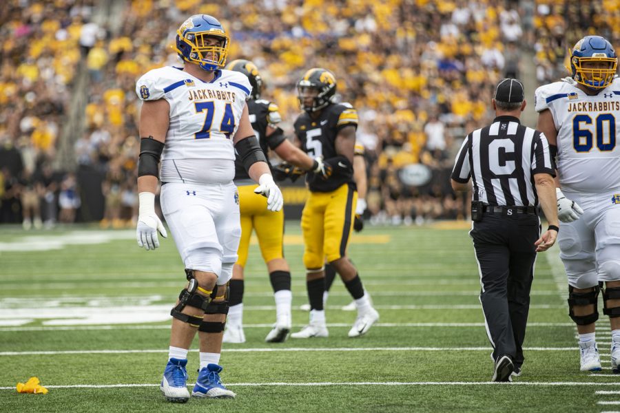 South Dakota State offensive lineman Garret Greenfield walks away from a play after a flag is thrown during a football game between Iowa and South Dakota State at Kinnick Stadium on Saturday, Sept. 3, 2022. The Hawkeyes defeated the Jackrabbits, 7-3. Crowd noise cased the South Dakota State offense to have several false starts.