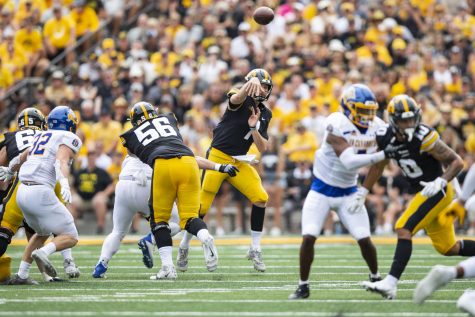 Iowa quarterback Spencer Petras throws the ball during a football game between Iowa and South Dakota State at Kinnick Stadium on Saturday, Sept. 3, 2022. The score at halftime was tied, 3-3.
