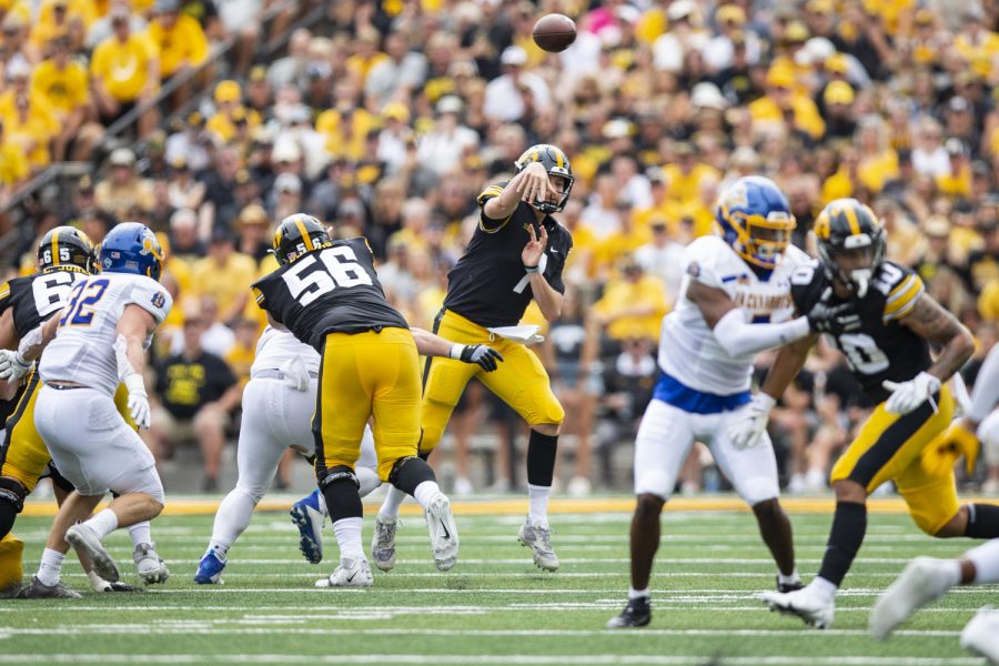 Iowa+quarterback+Spencer+Petras+throws+the+ball+during+a+football+game+between+Iowa+and+South+Dakota+State+at+Kinnick+Stadium+on+Saturday%2C+Sept.+3%2C+2022.+The+score+at+halftime+was+tied%2C+3-3.
