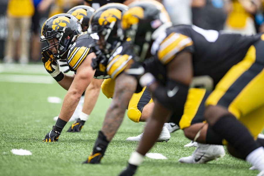 Iowa+defensive+lineman+Logan+Lee+lines+up+for+a+snap+during+a+football+game+between+Iowa+and+South+Dakota+State+at+Kinnick+Stadium+on+Saturday%2C+Sept.+3%2C+2022.+The+score+at+halftime+was+tied%2C+3-3.