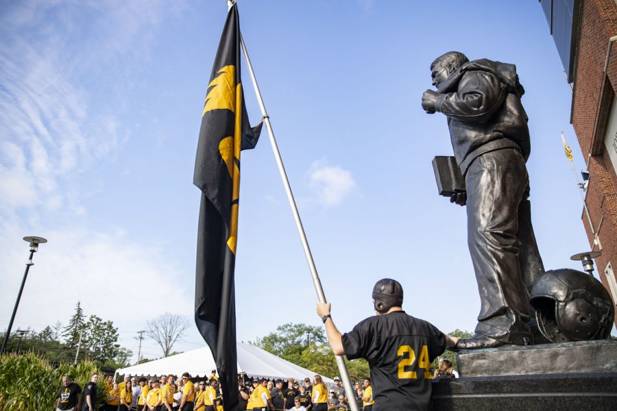 A Nile Kinnick impersonator gives a speech during the Hawk Walk before a football game between Iowa and South Dakota State at Kinnick Stadium on Saturday, Sept. 3, 2022. The Hawkeyes are favored to win the game. 