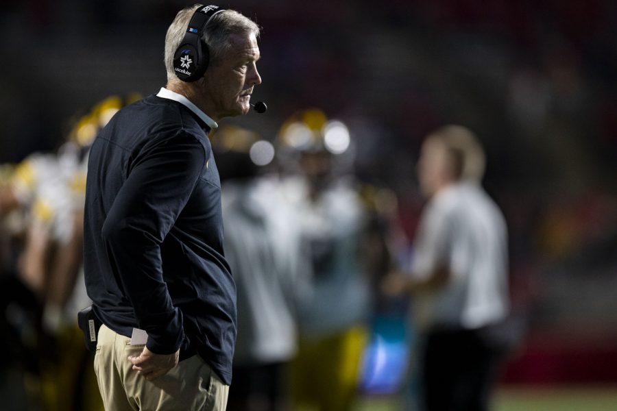 Iowa football head coach Kirk Ferentz looks onto the field during a football game between Iowa and Rutgers at SHI Stadium in Piscataway, N.J. on Saturday, Sept. 24, 2022. The Hawkeyes defeated the Scarlet Knights 27-10. 