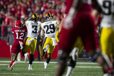 Iowa defensive back Cooper DeJean intercepts a pass during a football game between Iowa and Rutgers at SHI Stadium in Piscataway, N.J. on Saturday, Sept. 24, 2022. The Hawkeyes defeated the Scarlet Knights 27-10. DeJean’s interception was taken back for 45 yards.